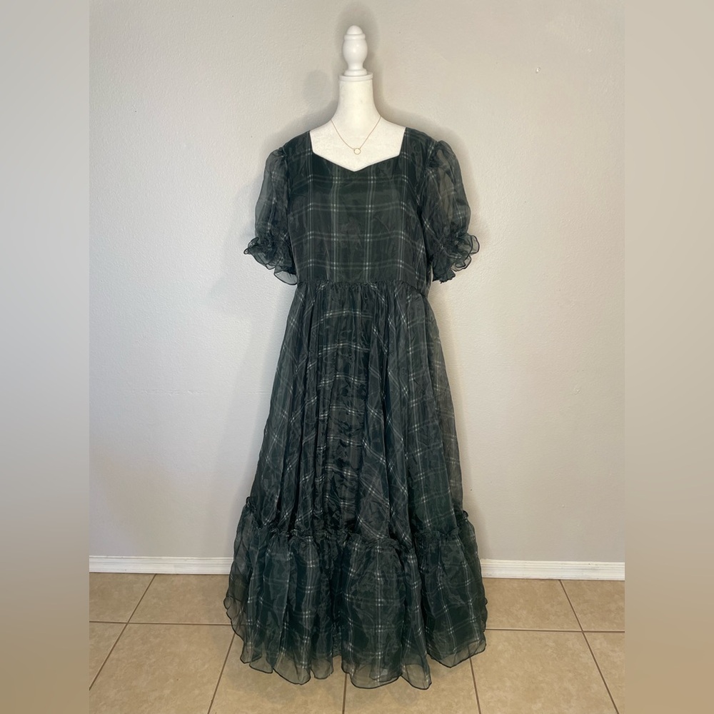 2x JessaKae Cordelia Plaid Puff Sleeve Organza Formal Maxi Dress Sweetheart - Picture 5 of 13